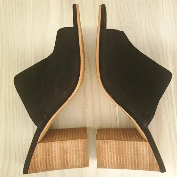 Lisa Vicky Womens Black Suede Nappa Block Heels Slide On Size‎ 10 M Peep Toe - Picture 3 of 8
